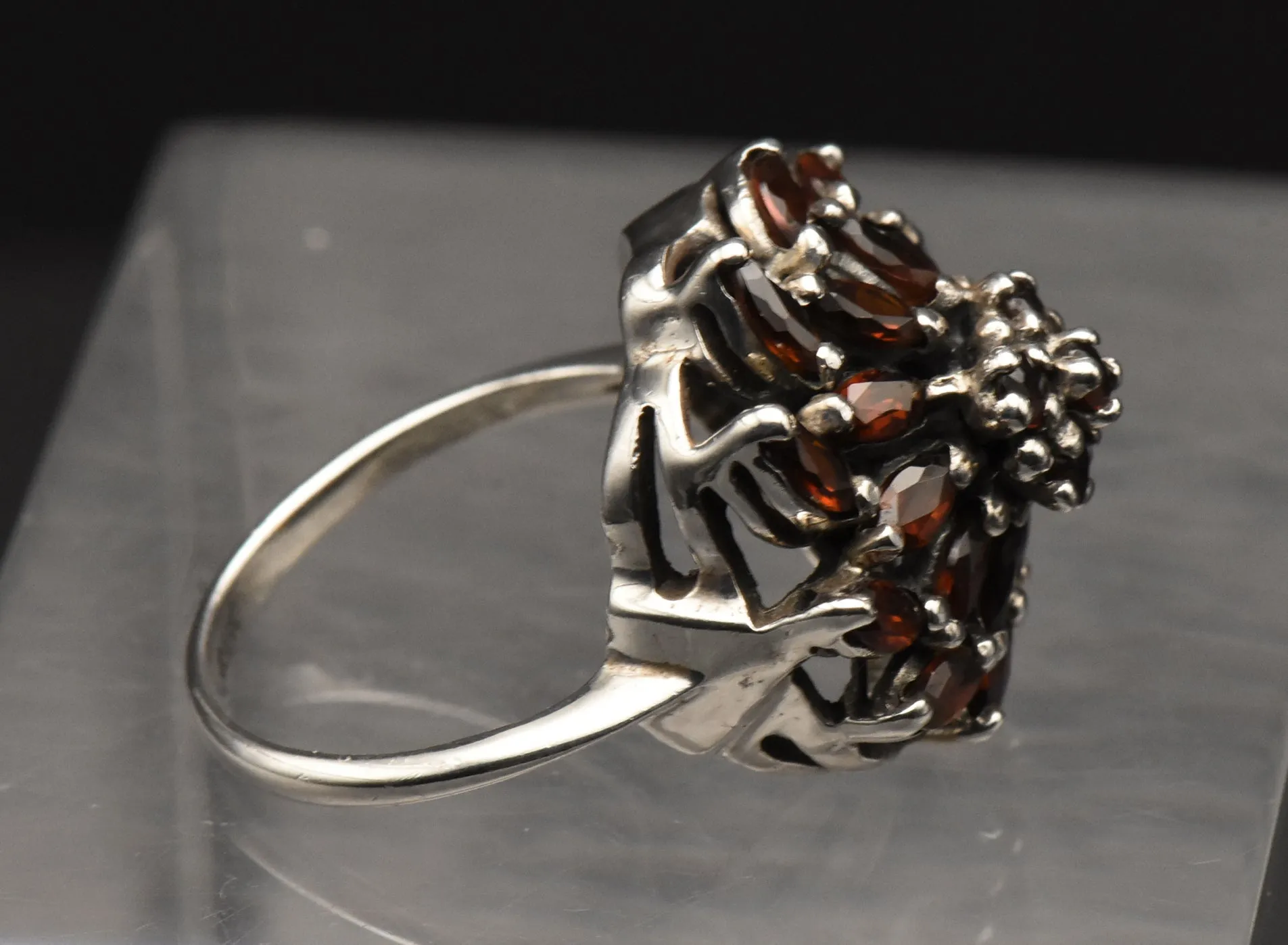 Vintage Sterling Silver Imitation Red Garnet Cocktail Ring - Size 5.75