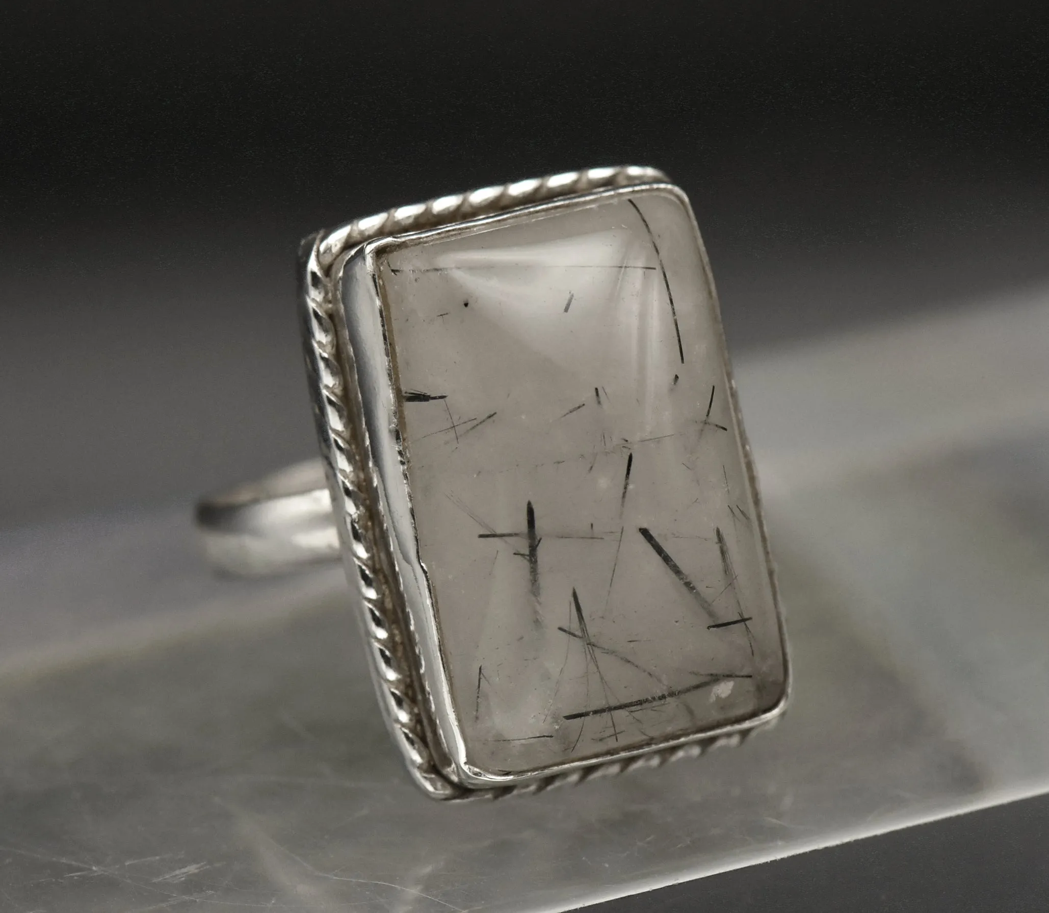 Vintage Tourmalinated Quartz Sterling Silver Ring - Size 9.5