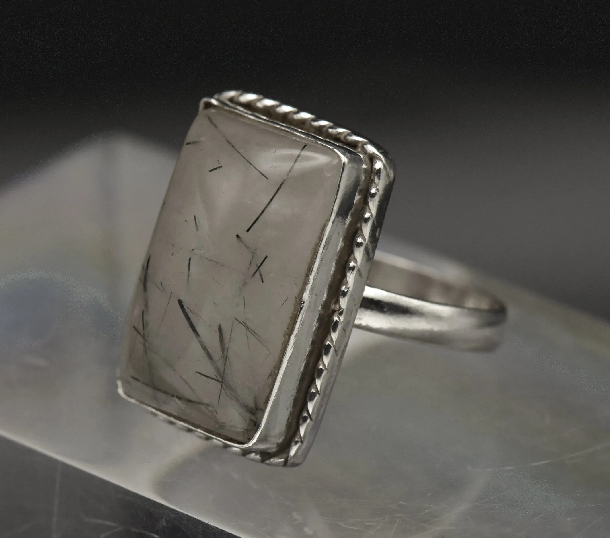 Vintage Tourmalinated Quartz Sterling Silver Ring - Size 9.5