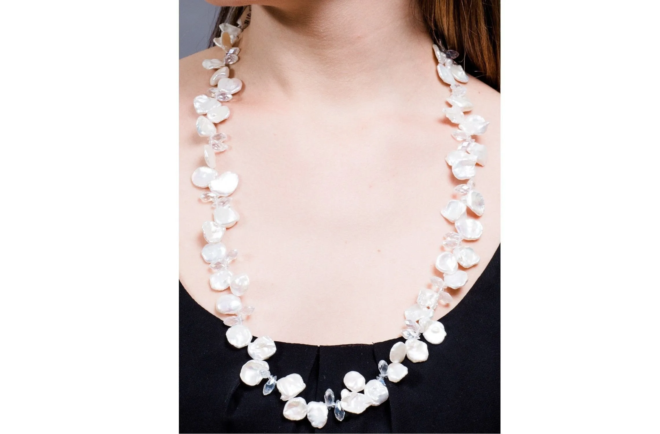 White Freshwater Keshi Pearl and Crystal Long Necklace